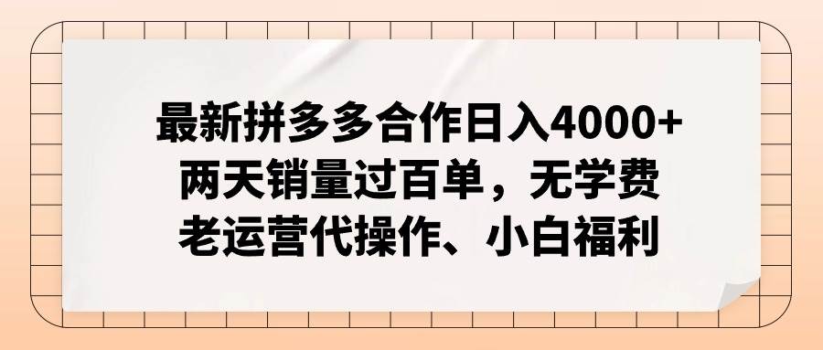 最新拼多多合作日入4000+两天销量过百单，无学费、老运营代操作、小白福利-一辉