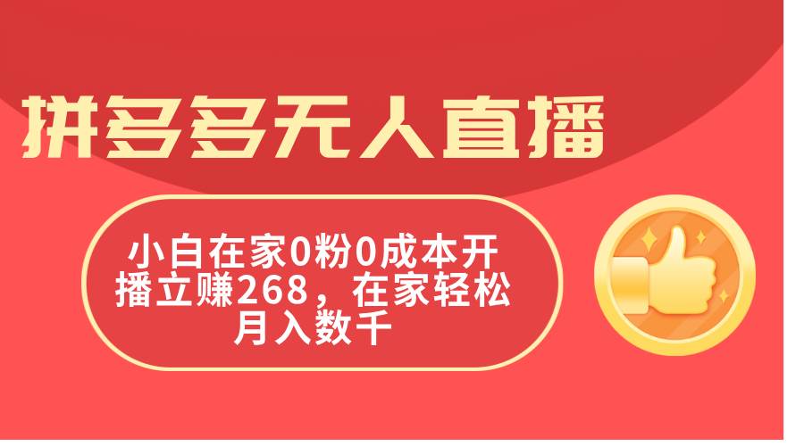 拼多多无人直播，小白在家0粉0成本开播立赚268，在家轻松月入数千-一辉